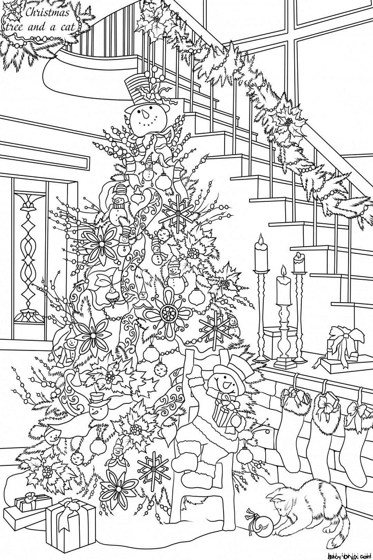 Раскраска Рождественская елка в доме | Новогодние раскраски распечатать