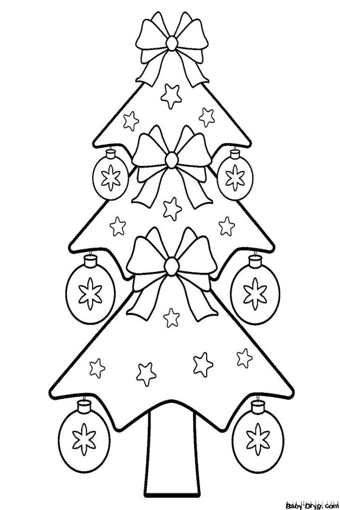 Раскраска Самая красивая елка с бантами для девочек | Новогодние раскраски распечатать