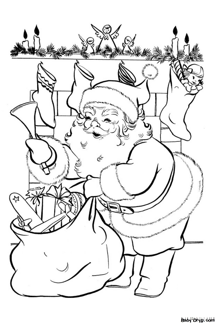 Раскраска Санта Клаус раскладывает подарки | Новогодние раскраски распечатать