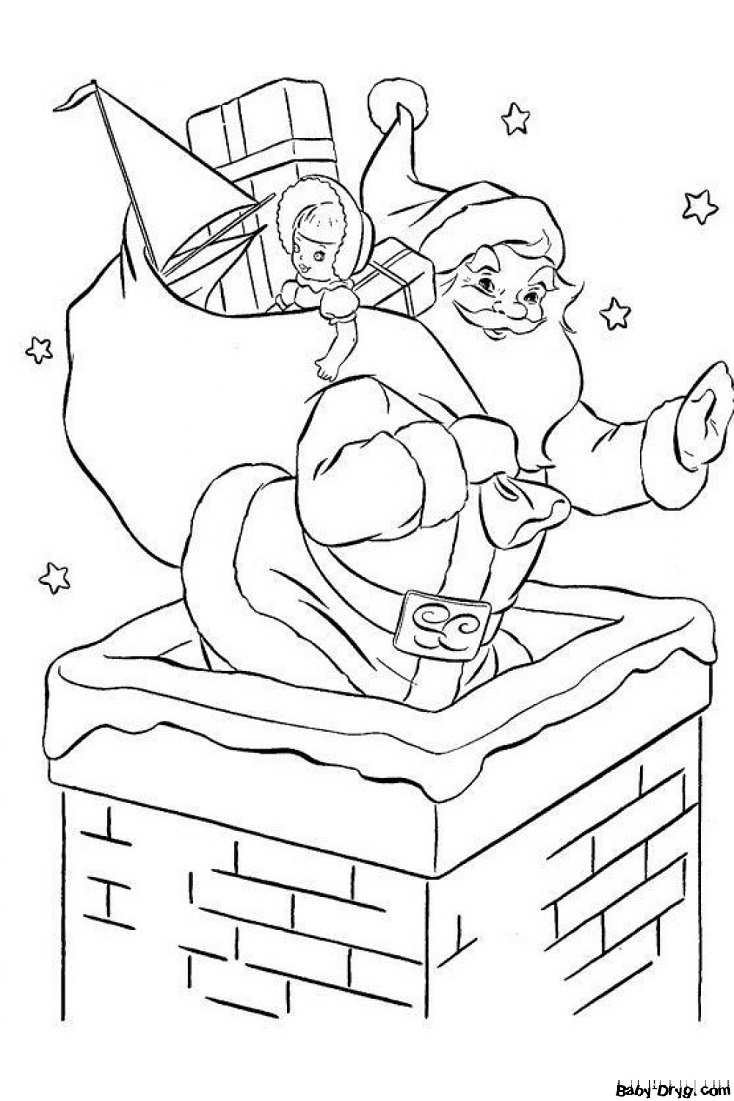 Раскраска Санта Клаус залазит в дымоход | Новогодние раскраски распечатать
