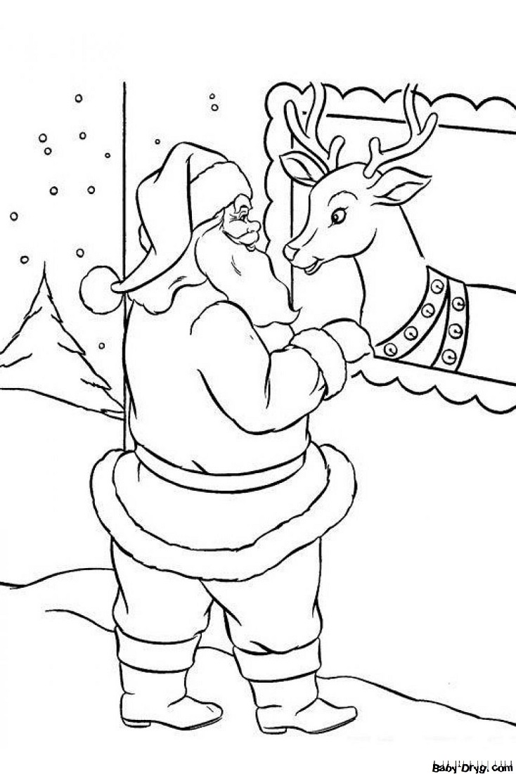 Раскраска Санта разговаривает со своим верным оленем | Новогодние раскраски распечатать