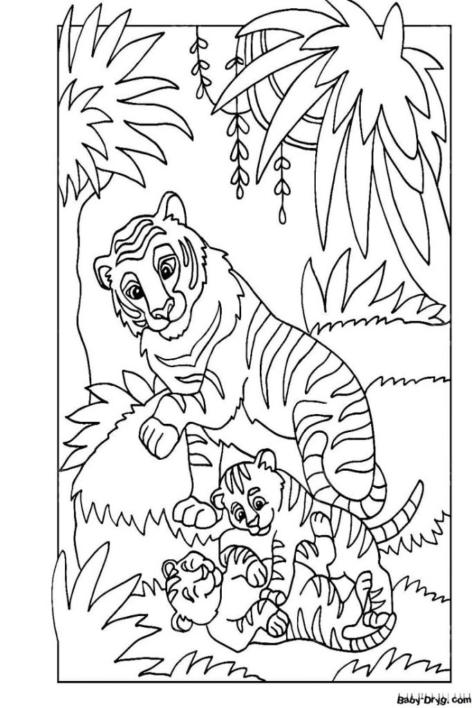 Раскраска Семья тигров в зоопарке | Новогодние раскраски распечатать