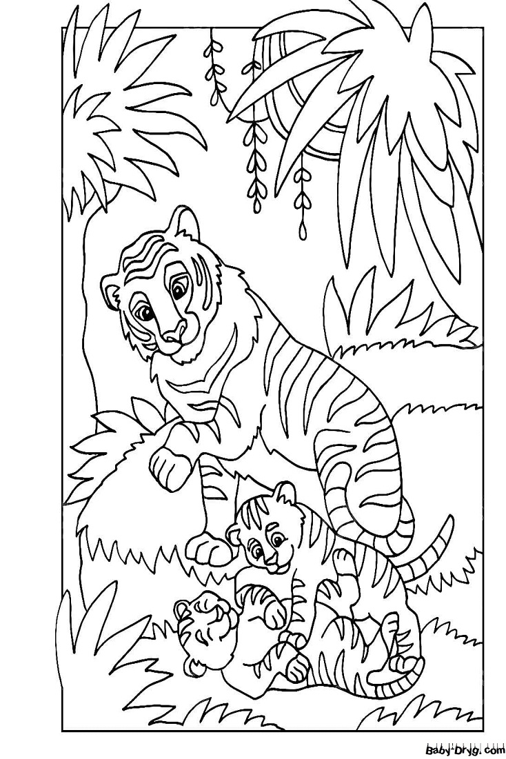 Раскраска Семья тигров в зоопарке | Новогодние раскраски распечатать