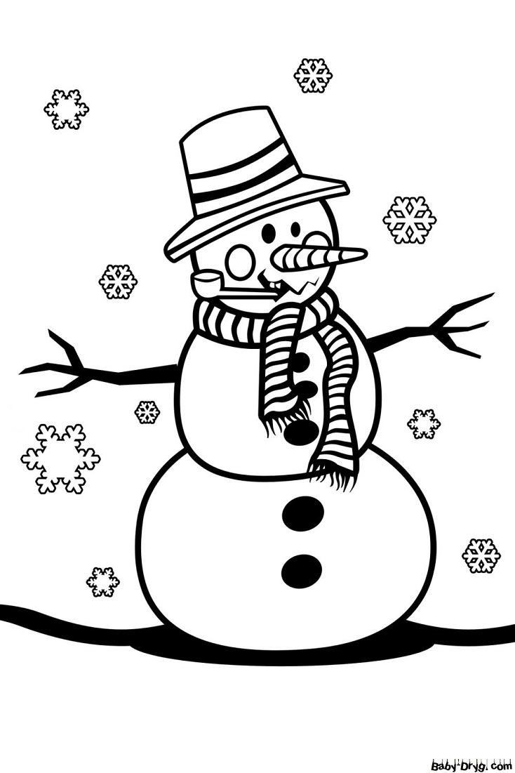 Раскраска Снеговик и снежинки | Новогодние раскраски распечатать