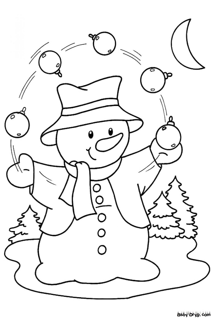 Раскраска Снеговик играет с елочными шарами | Новогодние раскраски распечатать
