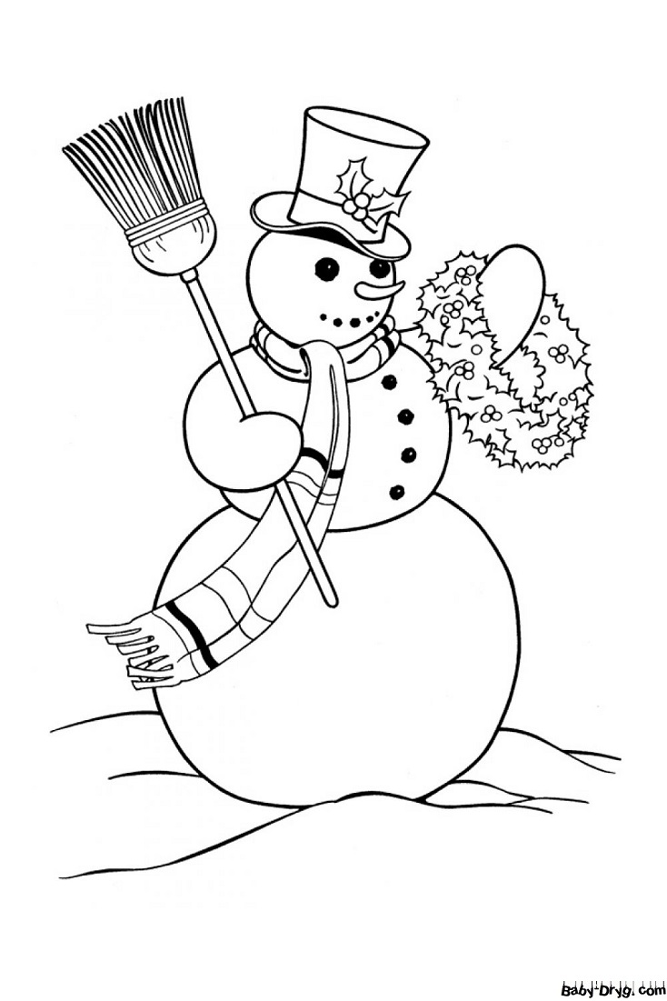 Раскраска Снеговик с цветочным венком | Новогодние раскраски распечатать