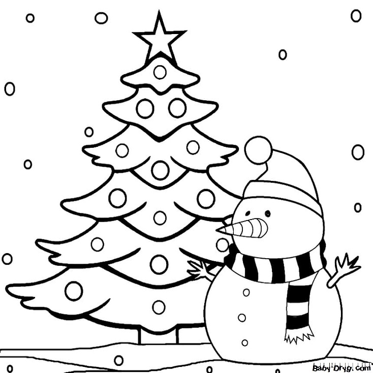 Раскраска Снеговик с елкой | Новогодние раскраски распечатать