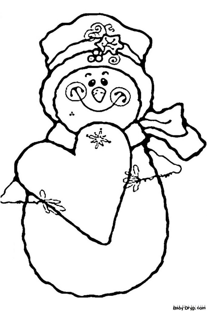 Раскраска Снеговик с открыткой-сердечком | Новогодние раскраски распечатать