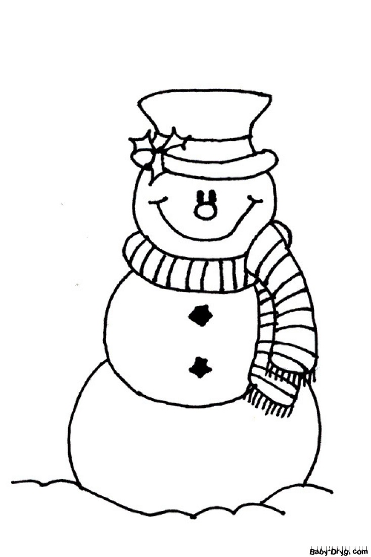 Раскраска Снеговик в полосатом шарфике | Новогодние раскраски распечатать