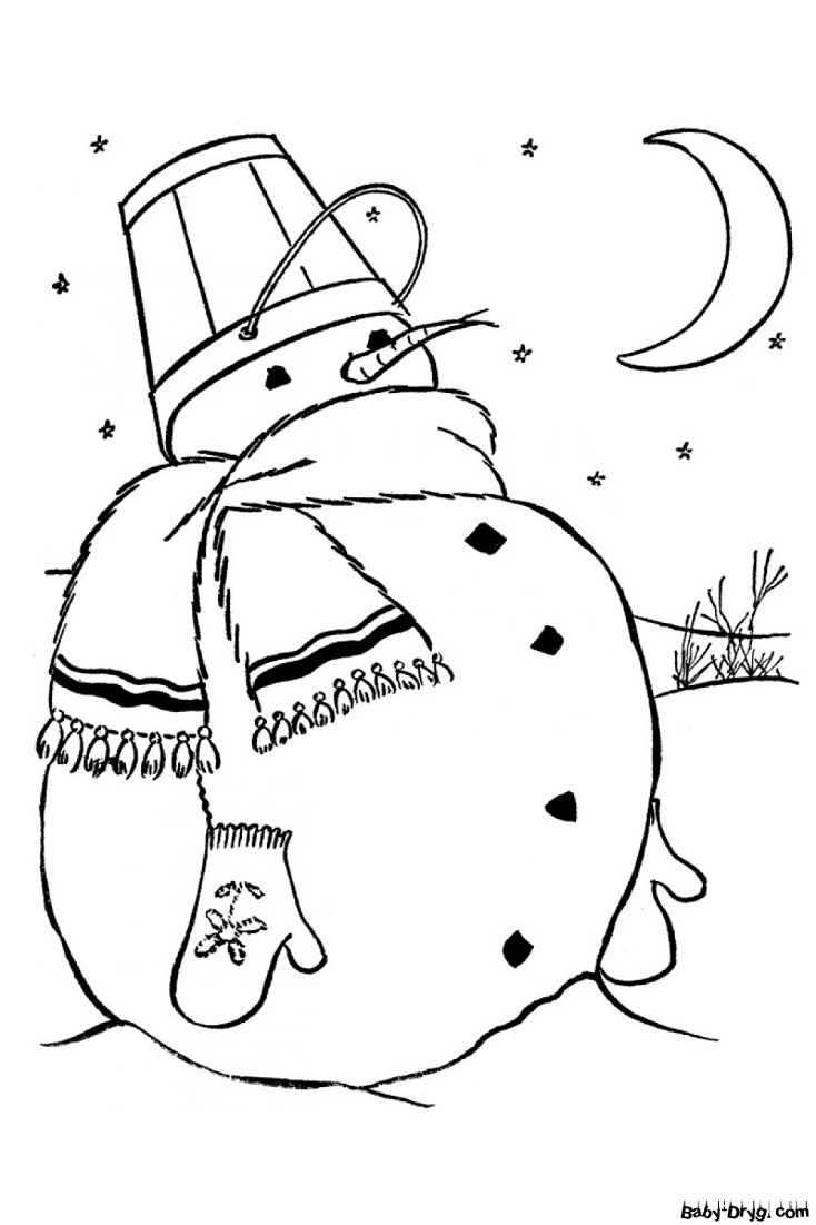 Раскраска Снеговик в теплом шарфике в лунном свете | Новогодние раскраски распечатать