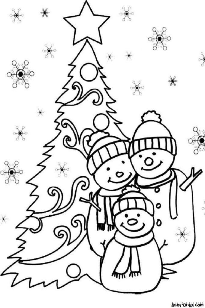 Раскраска Снеговики возле новогодней елки | Новогодние раскраски распечатать