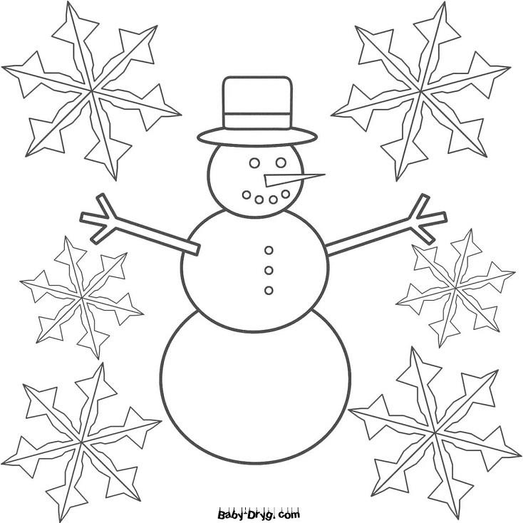 Раскраска Снежинки закружили снеговика в танце | Новогодние раскраски распечатать