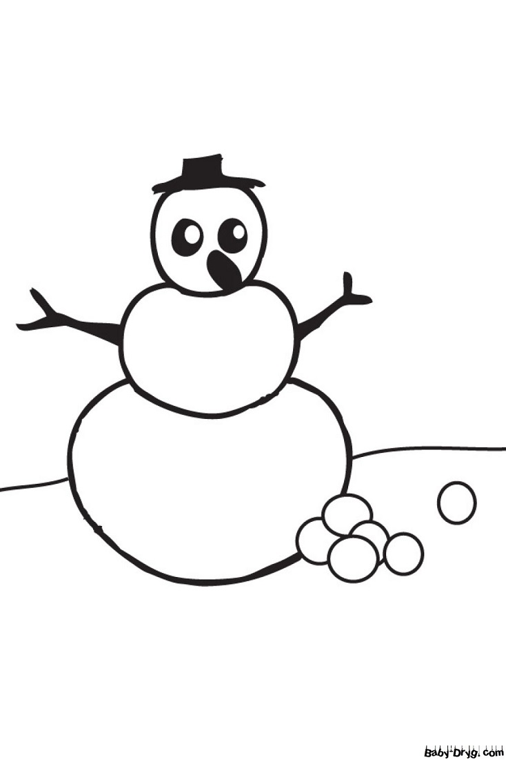 Раскраска Снежки рядом со Снеговиком | Новогодние раскраски распечатать