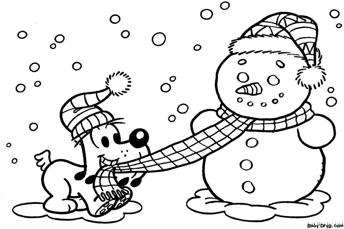 Раскраска Собачка зовет снеговика играть | Новогодние раскраски распечатать