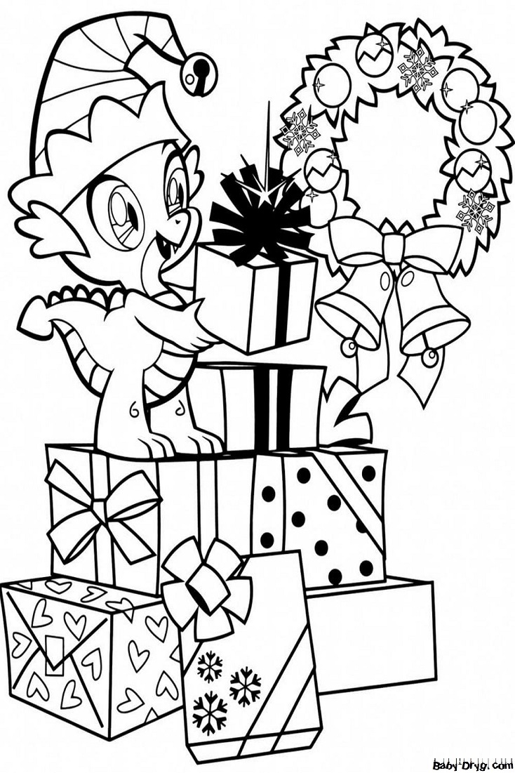 Раскраска Спайк из Май Литтл Пони с подарками | Новогодние раскраски распечатать