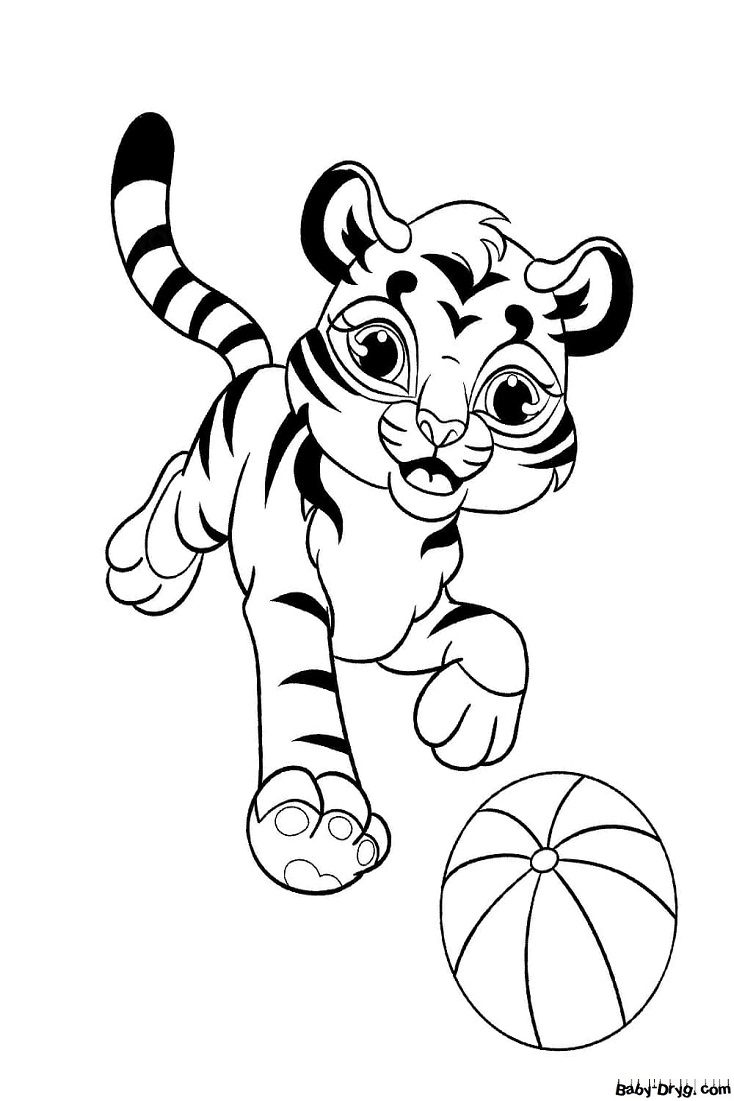 Раскраска Тигр бежит за мячиком | Новогодние раскраски распечатать