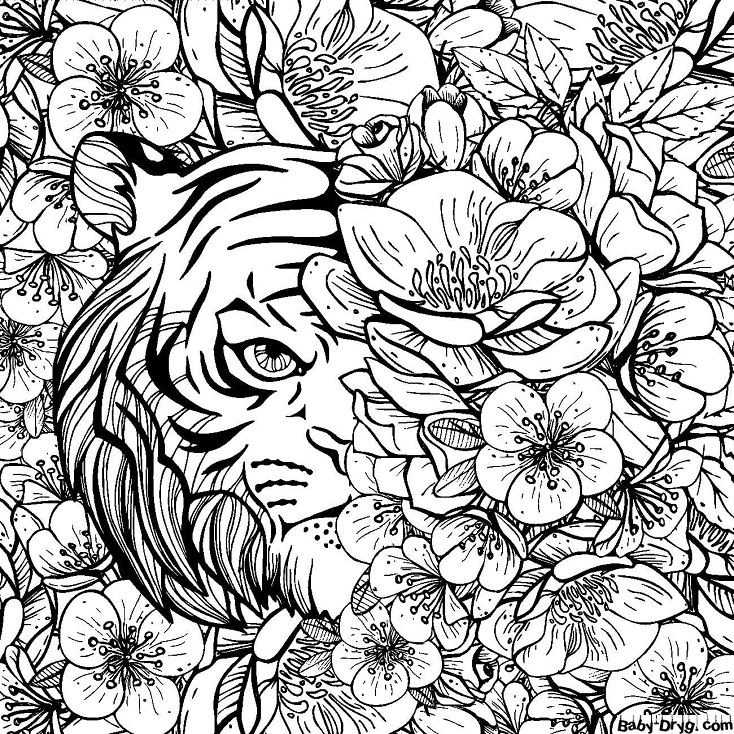 Раскраска Тигр и много цветов | Новогодние раскраски распечатать