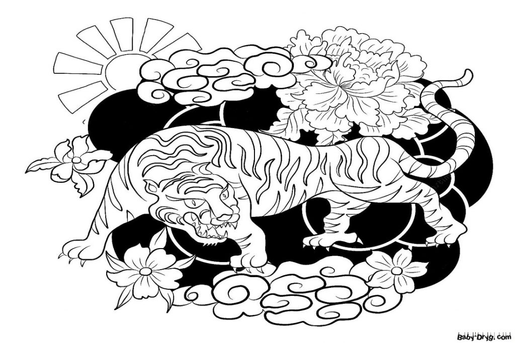 Раскраска Тигр и цветы | Новогодние раскраски распечатать