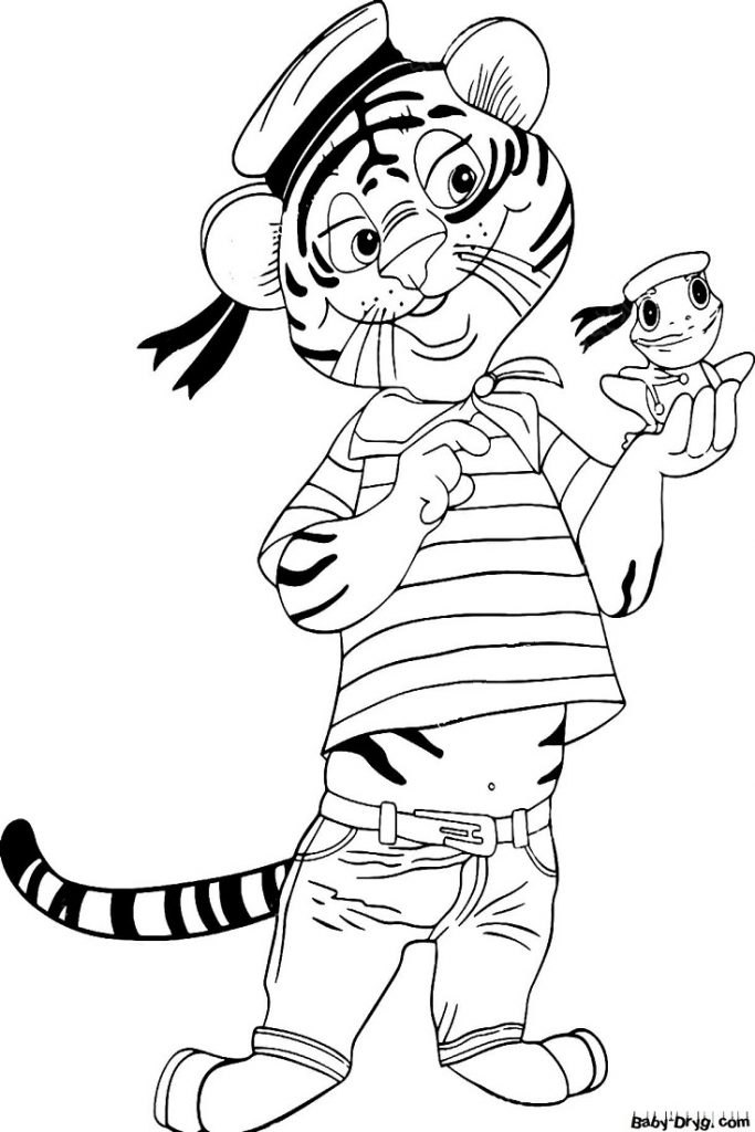 Раскраска Тигр моряк с лягушкой | Новогодние раскраски распечатать
