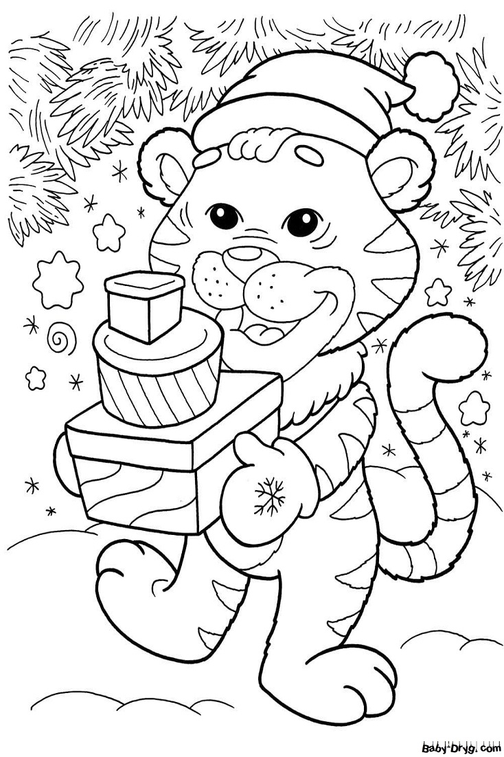 Раскраска Тигр поздравляет с Новым Годом | Новогодние раскраски распечатать
