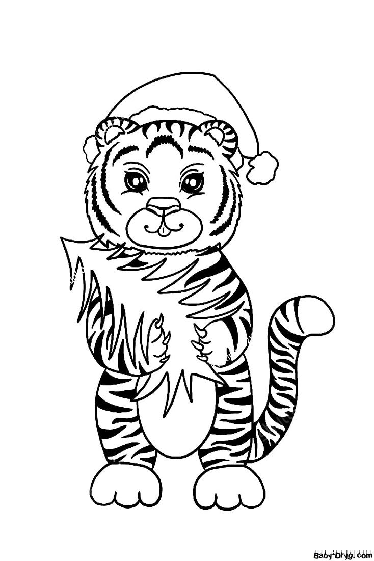 Раскраска Тигр с елкой | Новогодние раскраски распечатать