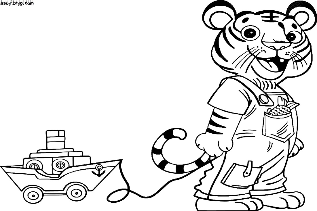 Раскраска Тигр с корабликом | Новогодние раскраски распечатать