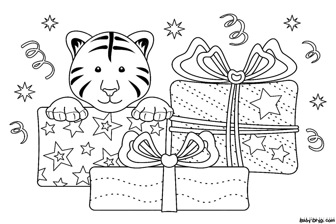 Раскраска Тигр с подарками | Новогодние раскраски распечатать