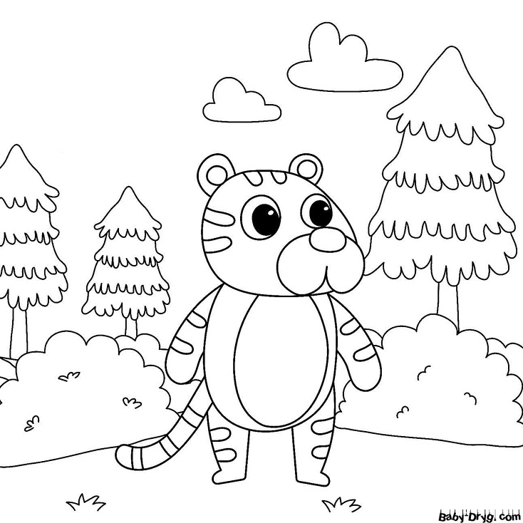 Раскраска Тигр в лесу | Новогодние раскраски распечатать