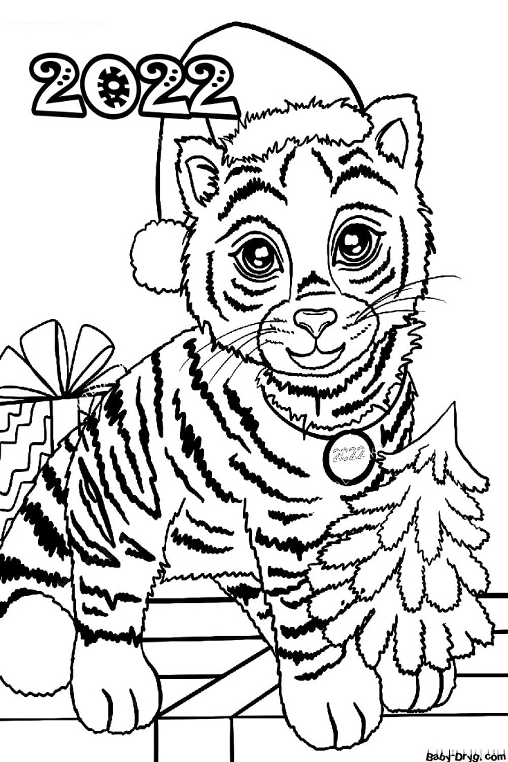 Раскраска Тигр в шапке Деда Мороза | Новогодние раскраски распечатать