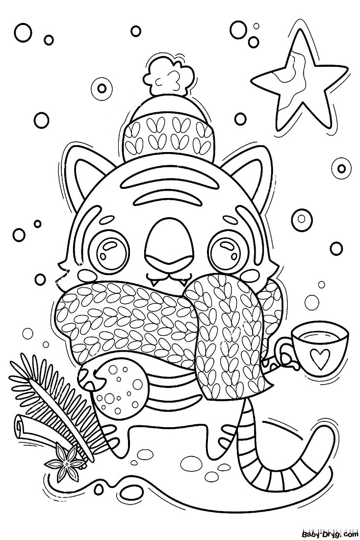 Раскраска Тигр в свитере и с кружкой чая | Новогодние раскраски распечатать