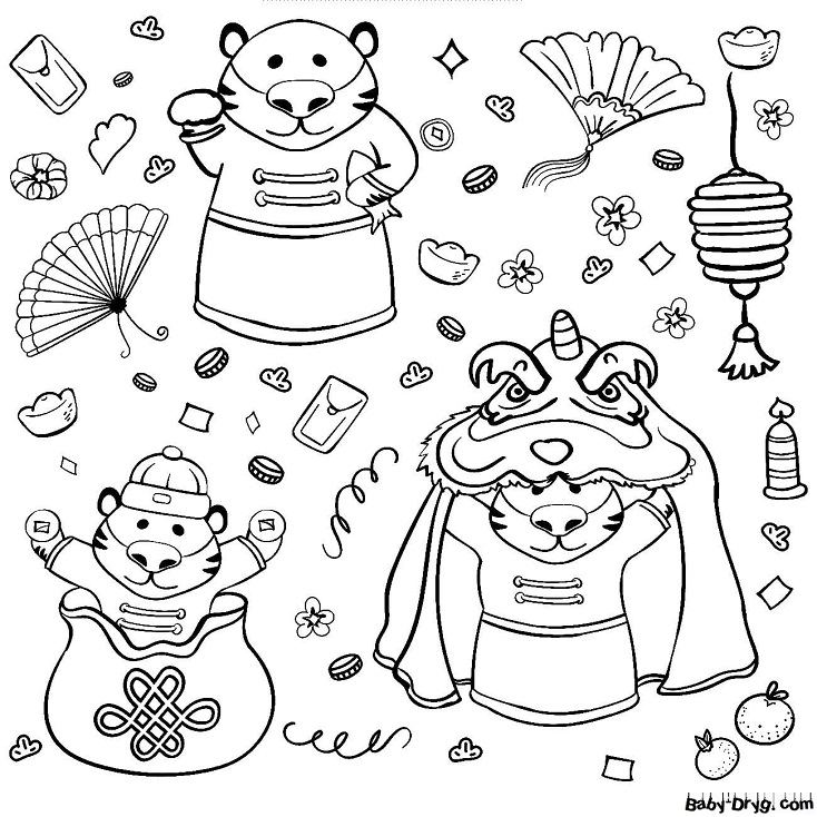 Раскраска Тигр в японском стиле | Новогодние раскраски распечатать