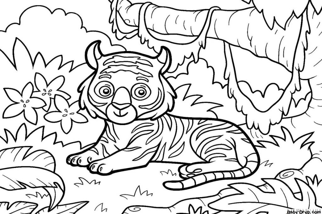 Раскраска Тигренок в джунглях | Новогодние раскраски распечатать