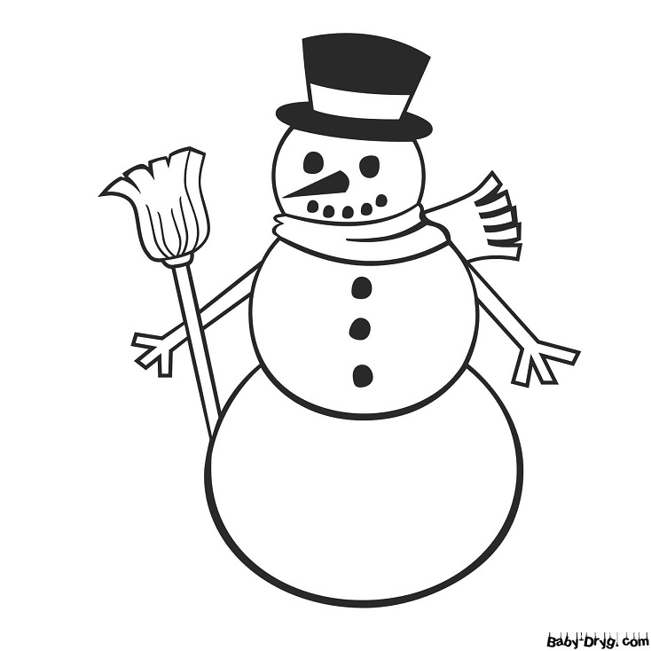 Раскраска Трехъярусный Снеговик с метлой | Новогодние раскраски распечатать