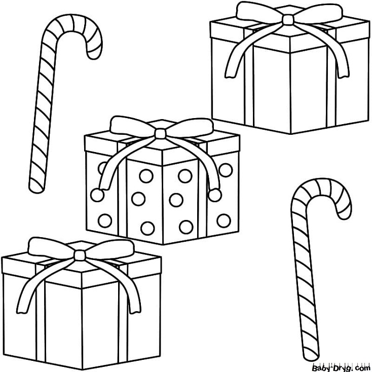Раскраска Три подарка и два леденца на Рождество | Новогодние раскраски распечатать