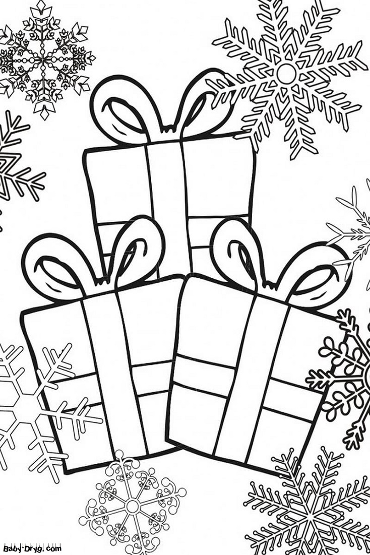 Раскраска Три подарка и снежинки | Новогодние раскраски распечатать