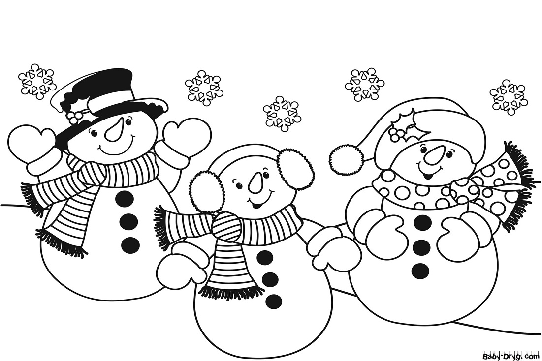 Раскраска Три снеговика в праздничных нарядах | Новогодние раскраски распечатать