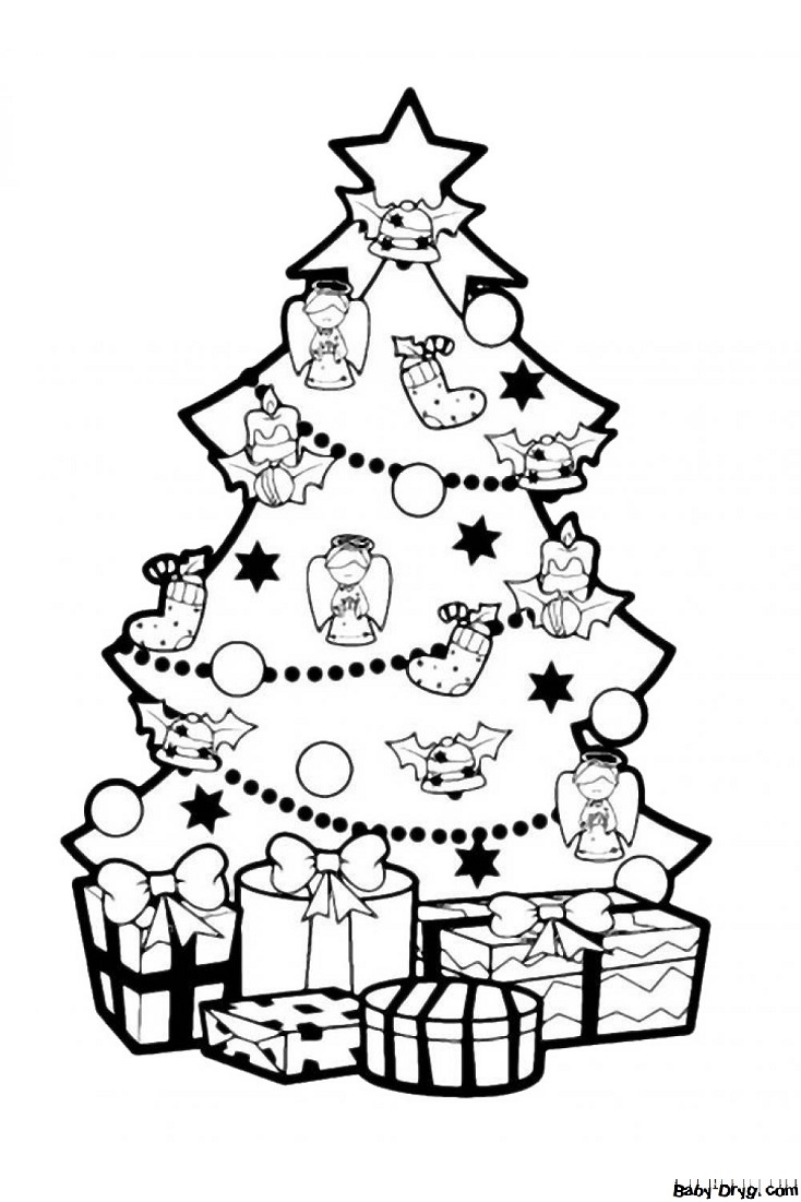 Раскраска Украшенная рождественская ёлка | Новогодние раскраски распечатать