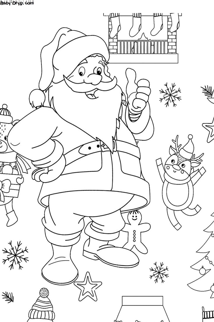 Раскраска Веселый Дед Мороз и снежинки | Новогодние раскраски распечатать