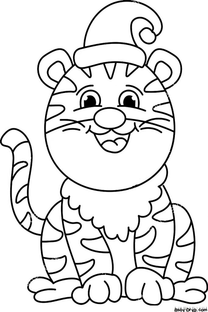 Раскраска Веселый тигр в шапке | Новогодние раскраски распечатать