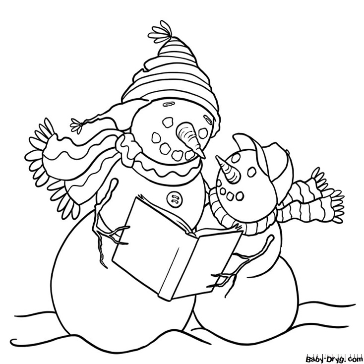 Раскраска Волшебные снеговики любят читать сказки | Новогодние раскраски распечатать