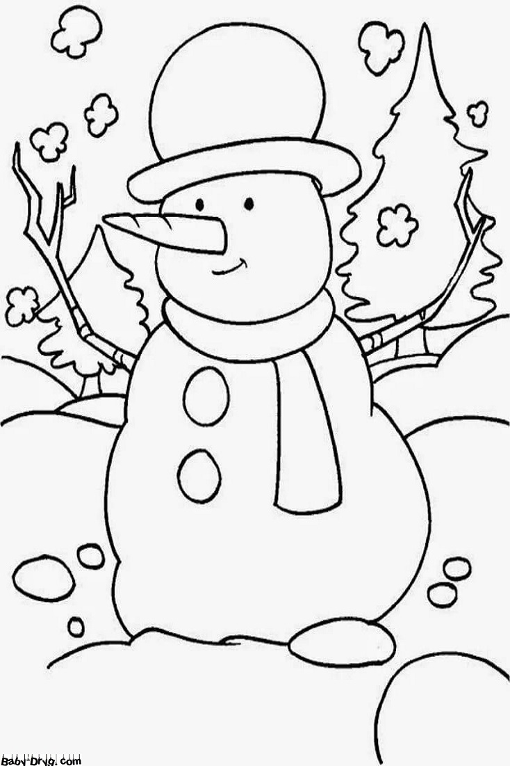 Раскраска Заснеженный лес и снеговик | Новогодние раскраски распечатать