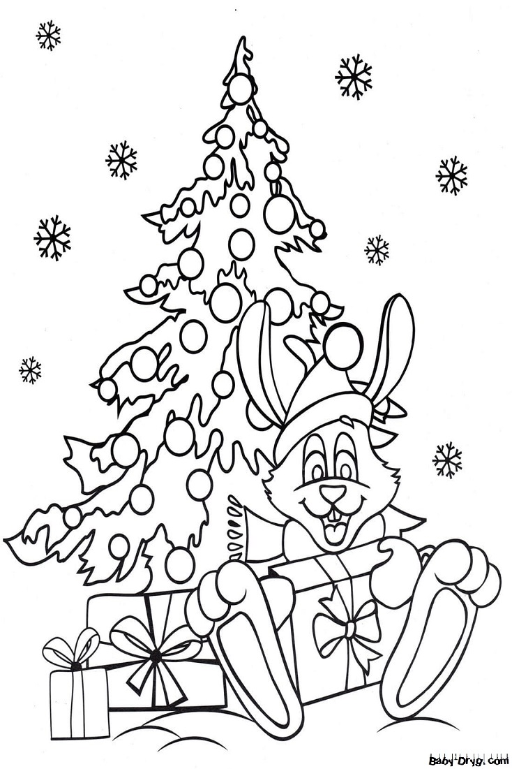Раскраска Заяц с подарками возле елки | Новогодние раскраски распечатать