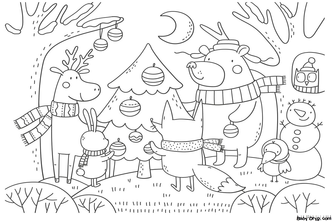 Раскраска Животные украшают елку | Новогодние раскраски распечатать