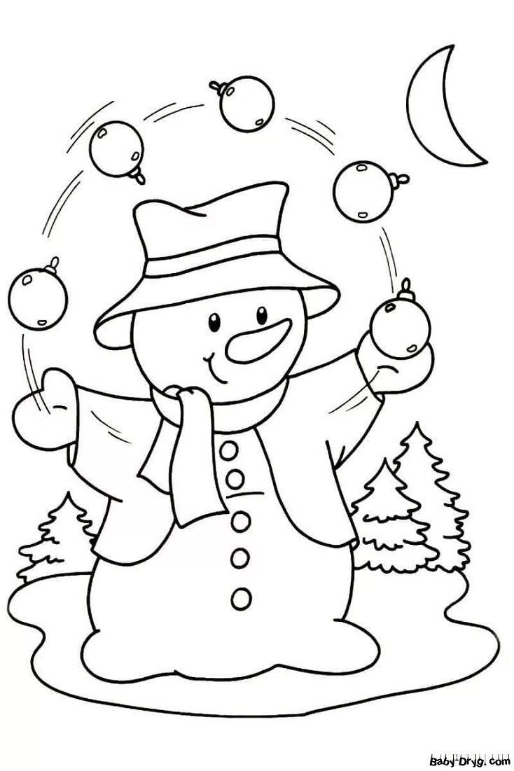 Раскраска Жонглирование рождественскими игрушками главный фокус снеговика | Новогодние раскраски распечатать