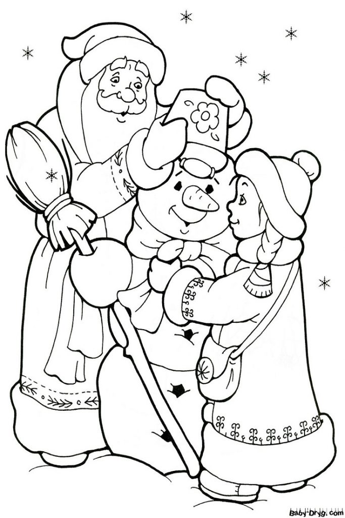 Раскраска Дед Мороз и Снегурочка вместе лепят снеговика | Новогодние раскраски распечатать