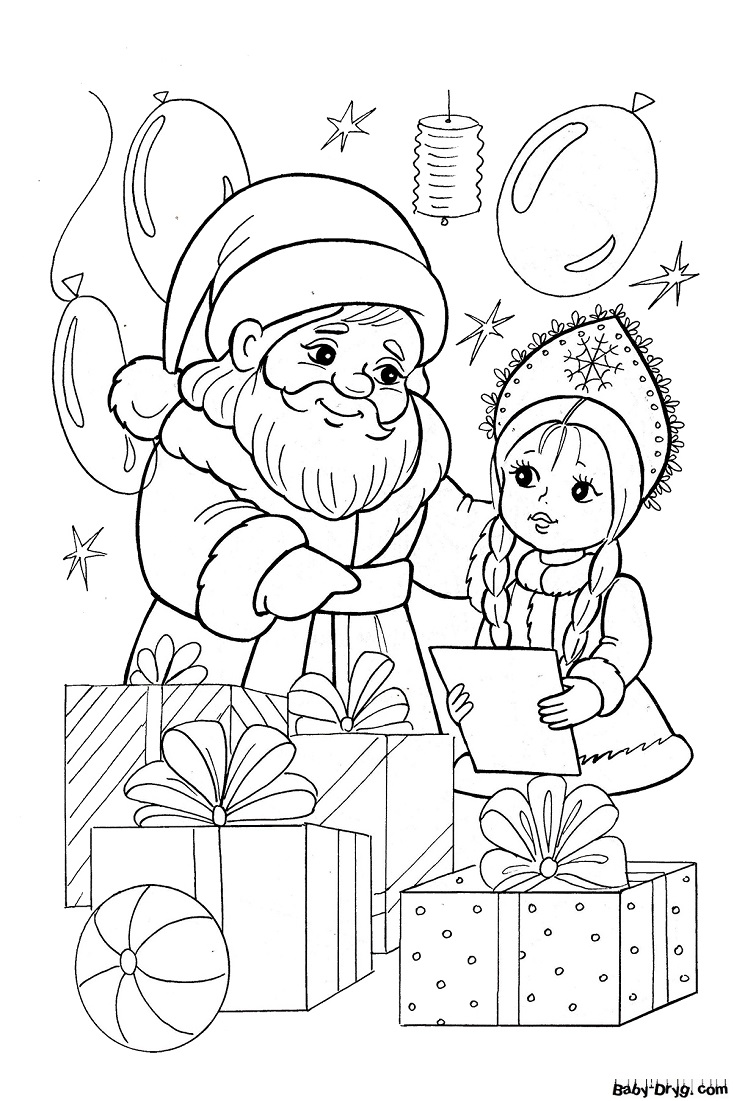 Раскраска Дед Мороз и Снегурочка собирают подарки | Новогодние раскраски распечатать