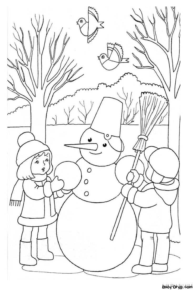 Раскраска Дети слепили снеговика во дворе | Новогодние раскраски распечатать