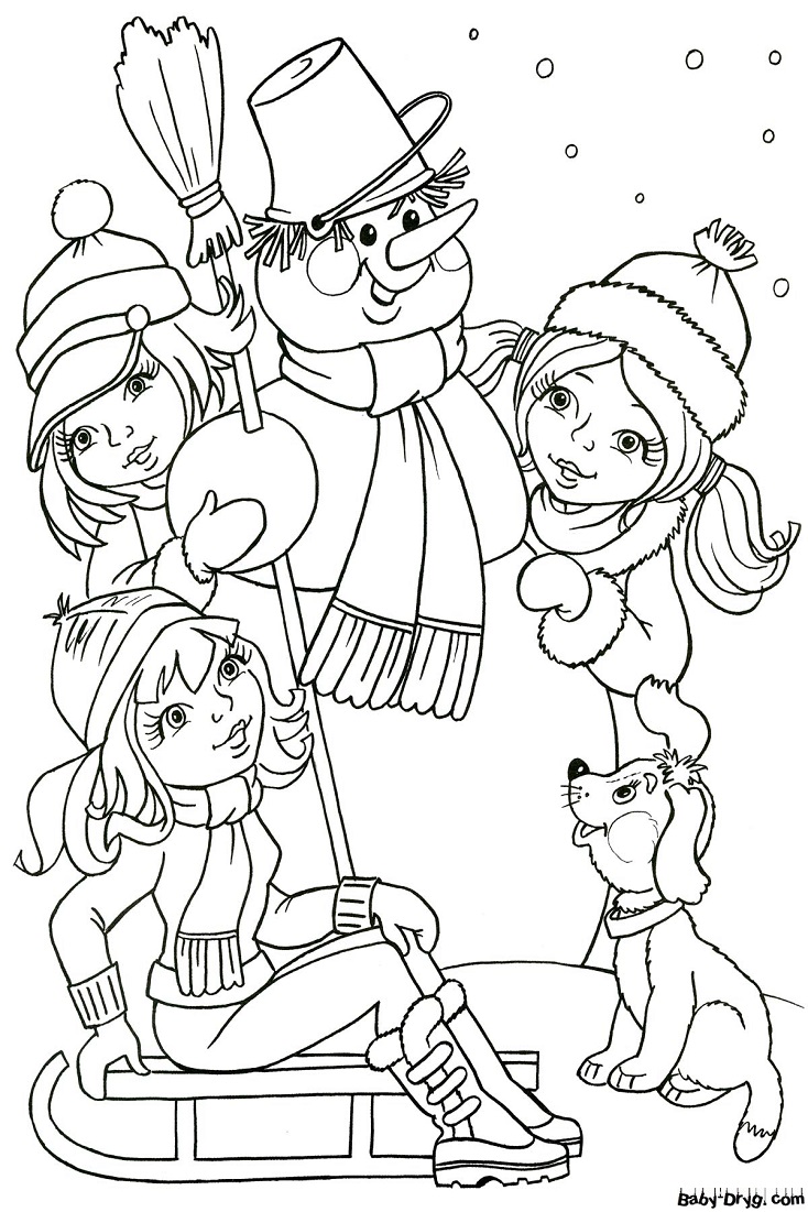 Раскраска Девочки лепят снеговик | Новогодние раскраски распечатать