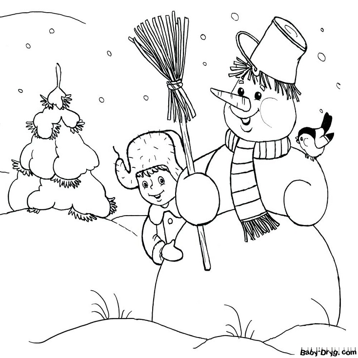 Раскраска Мальчик со снеговиком | Новогодние раскраски распечатать