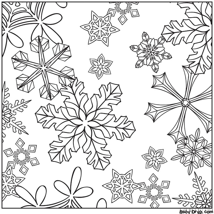 Раскраска Много разных снежинок | Новогодние раскраски распечатать